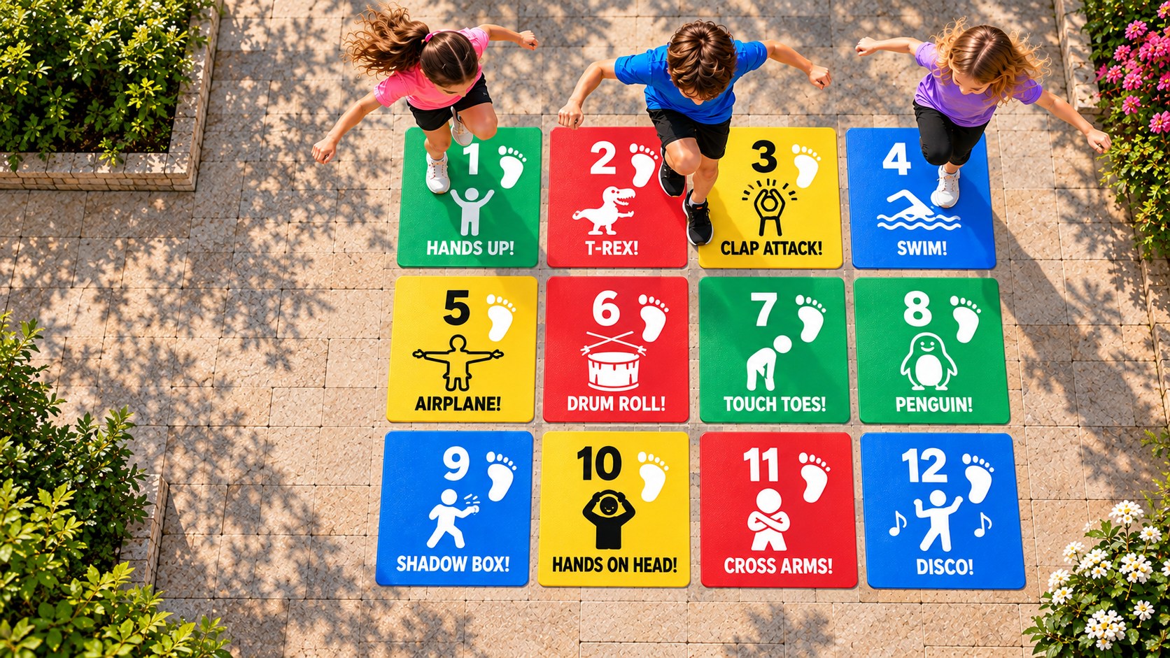 Three children hopping across the colorful 12-tile 4HOPS game in a sunny backyard