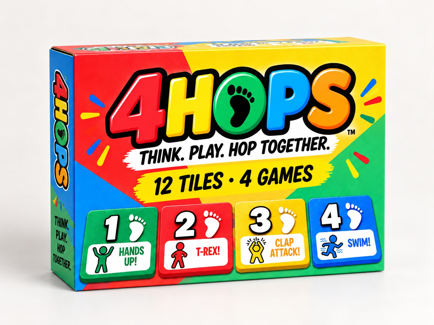 Concept for the colorful 4HOPS game box, showing the 4HOPS logo and four numbered action tiles